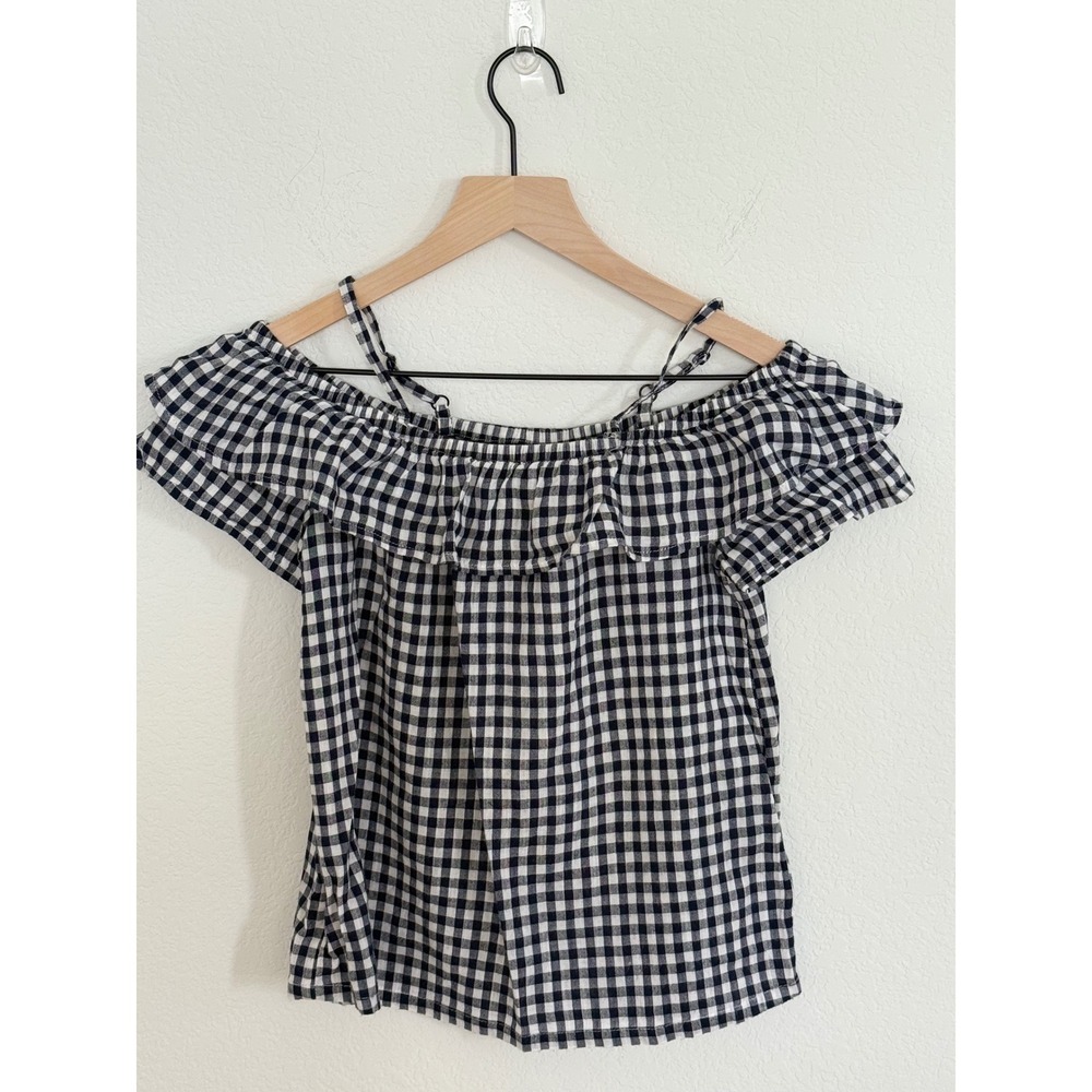 Old Navy Girls Navy White Gingham Cold Shoulder Ruffle Top Large 10-12